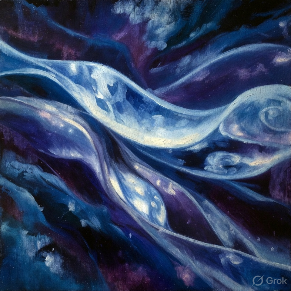 Abstract flowing wave-like forms in deep indigo, blue, and purple with pale highlights